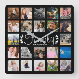 Reloj Cuadrado Collage de fotos moderno y nombre de 22 familias