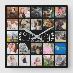 Reloj Cuadrado Collage de fotos moderno y nombre de 22 familias