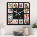 Reloj Cuadrado Collage de fotos personalizado: amistad de color n<br><div class="desc">Haz que este elegante y moderno reloj de pared de collage de fotos en negro y plateado sea único con 12 de tus fotos favoritas con tu(s) mejor(s) amigo(s). El diseño también incluye un guión moderno escrito a mano "Besties" y sus nombres.</div>
