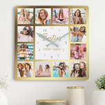 Reloj Cuadrado Collage de fotos personalizado bestias doradas bla<br><div class="desc">Haz que este elegante reloj de pared de collage de fotos en blanco y dorado sea único con 12 de tus fotos favoritas con tu(s) mejor(s) amigo(s). El diseño también incluye un guión moderno escrito a mano "Besties" y sus nombres.</div>