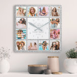 Reloj Cuadrado Collage de fotos personalizado Besties Silver Purp<br><div class="desc">Haz que este elegante y moderno reloj de pared de fotos purpurina en blanco y plateado sea único con 12 de tus fotos favoritas con tu(s) mejor(s) amigo(s). El diseño también incluye un guión moderno escrito a mano "Besties",  sus nombres y la fecha que conoció.</div>