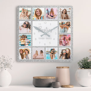 Reloj Cuadrado Collage de fotos personalizado Besties Silver Purp