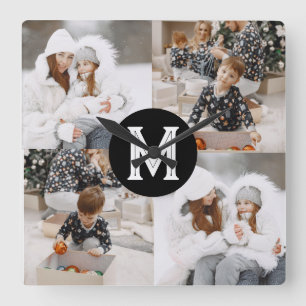 Reloj Cuadrado Collage de fotos personalizado con monograma