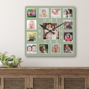 Reloj Cuadrado Collage de fotos personalizado de 13 familiares re