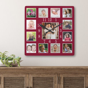 Reloj Cuadrado Collage de fotos personalizado de 13 familiares re