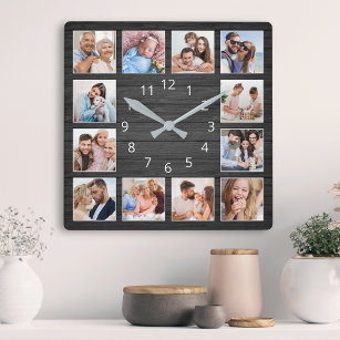 Reloj Cuadrado Collage de fotos Personalizado de madera negra ele