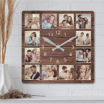 Reloj Cuadrado Collage de fotos personalizado Familia Rustic Farm<br><div class="desc">Personalice fácilmente este reloj de pared rústico estilo casa de campo de madera con fotos de sus personalizados. La plantilla utiliza un filtro de fotos para crear un aspecto más coordinado. Para obtener los mejores resultados, recortar las imágenes a cuadrado - con el punto de enfoque en el centro -...</div>