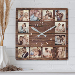 Reloj Cuadrado Collage de fotos personalizado Familia Rustic Farm
