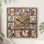 Reloj Cuadrado Collage de fotos personalizado Familia Rústico Bar<br><div class="desc">Personaliza fácilmente este reloj rústico de pared de fondo de barril de madera con tus fotos personalizados. La plantilla utiliza un filtro de fotos para crear un aspecto más coordinado. Para obtener los mejores resultados, recortar las imágenes a cuadrado - con el punto de enfoque en el centro - antes...</div>