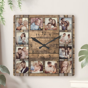 Reloj Cuadrado Collage de fotos personalizado Familia Rústico Bar
