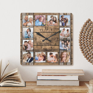 Reloj Cuadrado Collage de fotos personalizado Rústico de la made