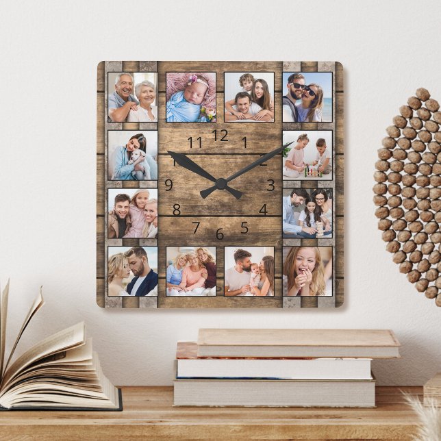 Reloj Cuadrado Collage de fotos personalizado Rústico de la mader (Subido por el creador)