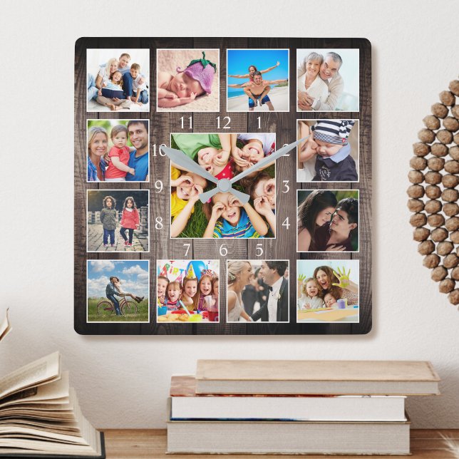 Reloj Cuadrado Collage de fotos personalizado Rústico Farmhouse (Subido por el creador)