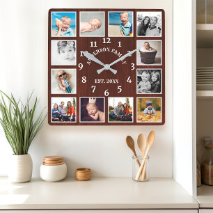 Reloj Cuadrado Collage de fotos rústico de madera de caoba para c