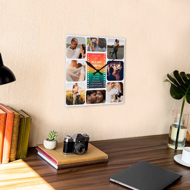 Reloj Cuadrado Collage de fotos Sunset Sr. y Sra. 1er Aniversario (Subido por el creador)