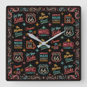 Reloj Cuadrado Collage de la señal del motel Route 66 Neon Mother