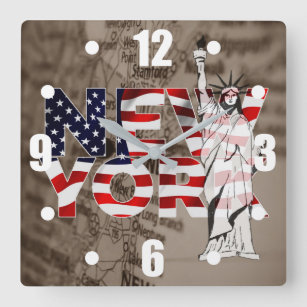 Reloj Cuadrado Collage de Liberty Map de Bandera de Nueva York