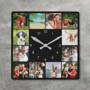 Reloj Cuadrado Collage negro de 12 fotos familiares personalizada