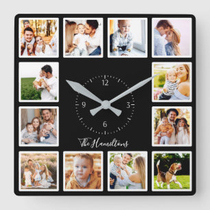 Reloj Cuadrado Collage Personalizado de 12 Fotos en Blanco y Negr