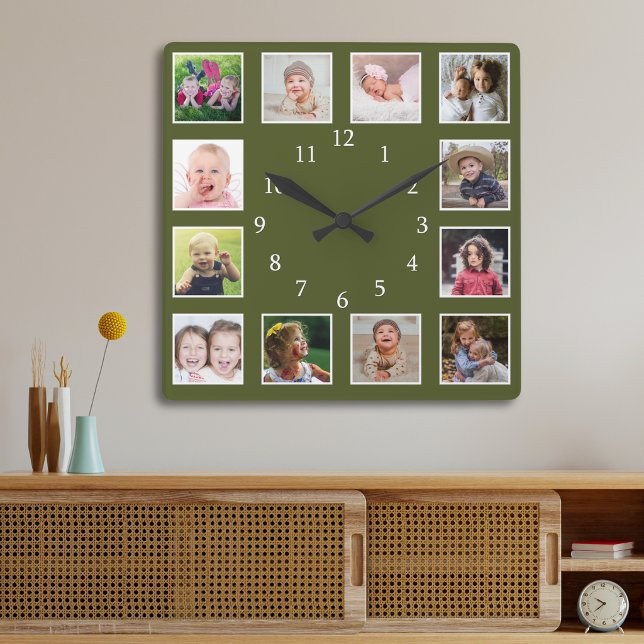 Reloj Cuadrado Collage Personalizado de 12 Fotos Verde Musgo (Subido por el creador)