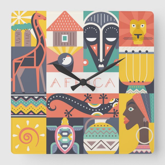 Reloj Cuadrado Collage simbólico africano del arte (Anverso)