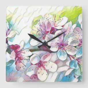 Reloj Cuadrado Color de agua azul rosa de cerezo blanco moderno