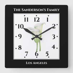 Reloj Cuadrado Color de agua blanco Calla Ilustracion Lily negro