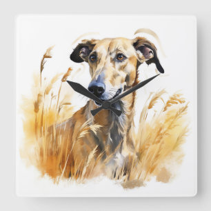 RELOJ CUADRADO COLOR DE AGUA PERRO DE GREYHOUND EN CAMPO