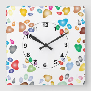 Reloj Cuadrado Color en colores pastel Pawprints