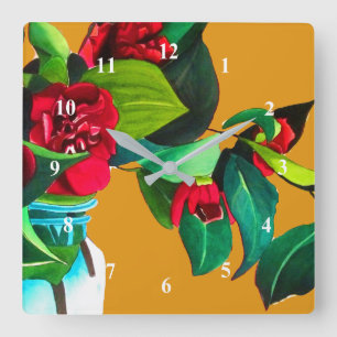Reloj Cuadrado Coloración de agua de la Camellias Rojas, arte flo
