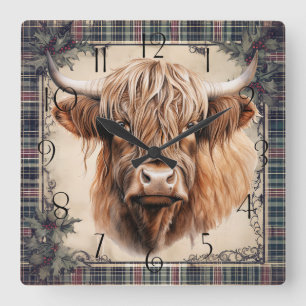 Reloj Cuadrado Colorante de agua Highland Cow Tartan