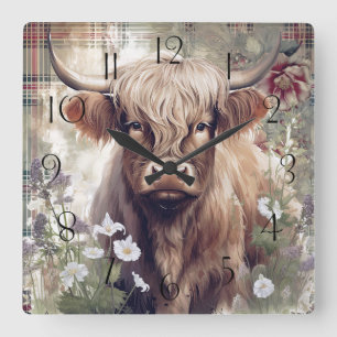 Reloj Cuadrado Colorante de agua Highland Cow Tartan