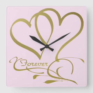 Reloj Cuadrado Colores de fondo editables Forever Hearts Gold