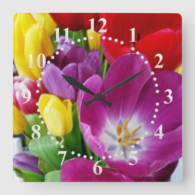 Reloj Cuadrado colores de tulipanes (Anverso)