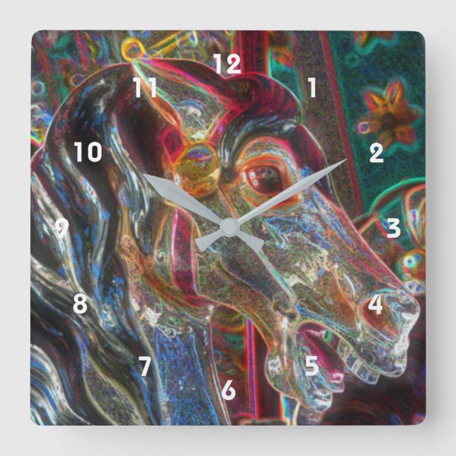Reloj Cuadrado Colores eléctricos Fiery Steed Carrusel Horse Art  (Anverso)