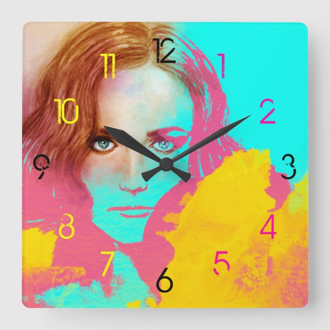 Reloj Cuadrado Colorful Abstract Pop Woman, Square Clock (Anverso)