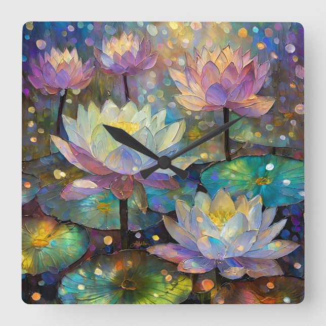 Reloj Cuadrado Colorful Lotus Flowers Blossoming in the Snow (Anverso)