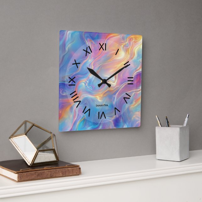Reloj Cuadrado Colorful opal swirly flowing marble texture (Oficina)