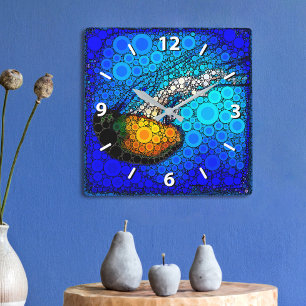 Reloj Cuadrado Colorful orange jellyfish blue ocean bold modern