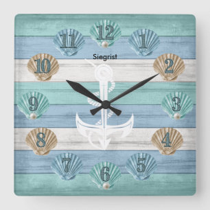 Reloj Cuadrado Colorful Seashells and White Anchor