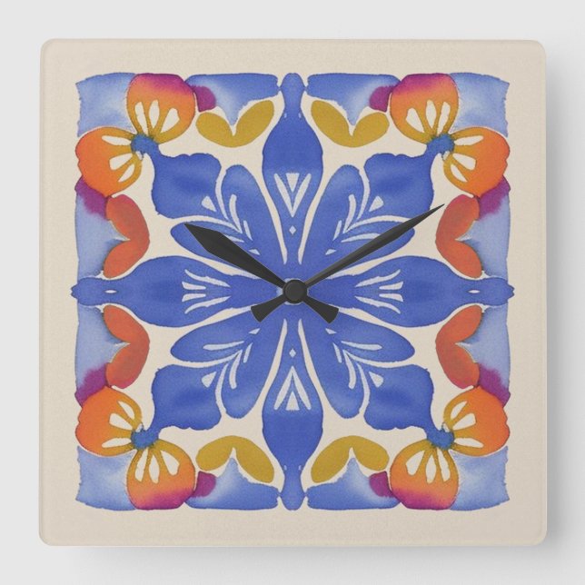 Reloj Cuadrado Colorida acuarela floral (Anverso)