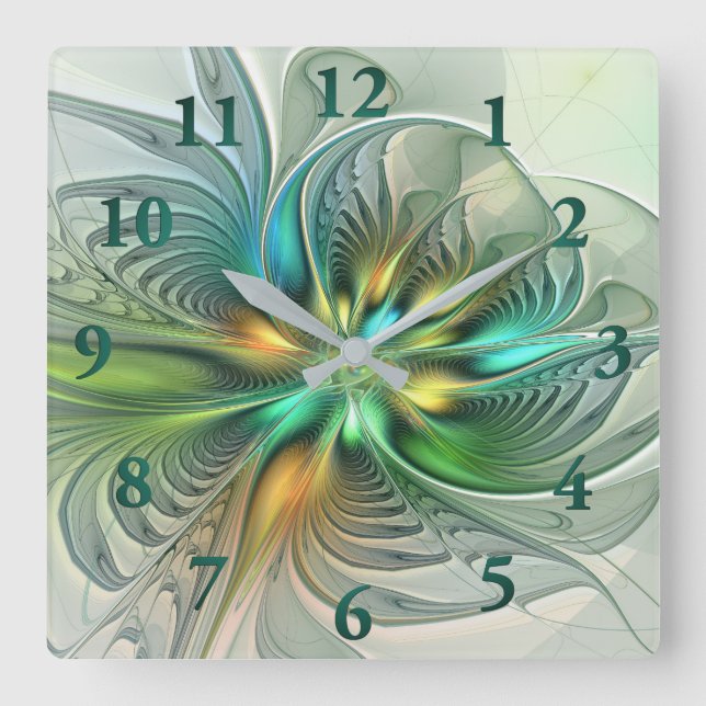 Reloj Cuadrado Colorida Fantasía Moderna Abstracto Flor Fractal (Anverso)