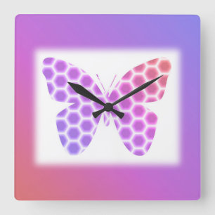 Reloj Cuadrado Colorida pintura de mariposa geométrica rosa púrpu