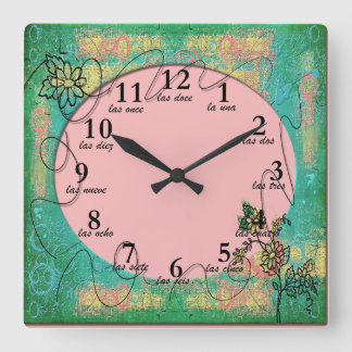 Reloj Cuadrado Colorido Abstract Design Green -Números en español