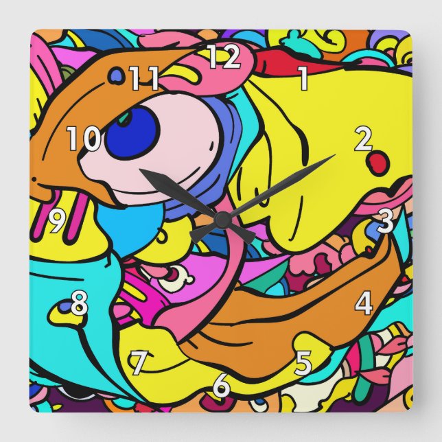 Reloj Cuadrado Colorido Abstract Doodle Art (Anverso)