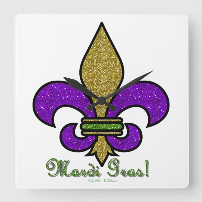 Reloj Cuadrado Colorido Mardi Gras Fleur De Lis (Anverso)
