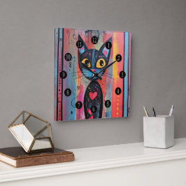 Reloj Cuadrado Colorido Resumen Gato Oído Amarillo