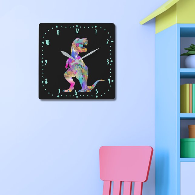 Reloj Cuadrado Colorido T rex Scary Jurassic Dinosaur Art (T-Rex colorful Dinosaur on black wall clock scary Jurassic prehistoric dino illustration )