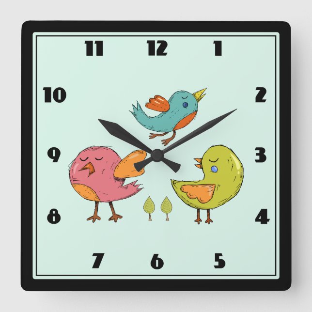 Reloj Cuadrado Coloridos pájaros mullidos (Anverso)