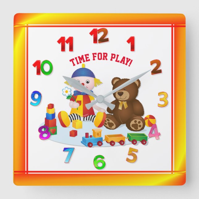 Reloj Cuadrado Colourful Rag Doll and Teddy Nursery (Anverso)